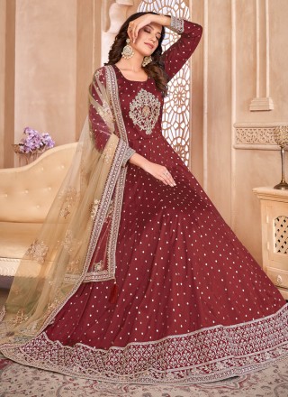Maroon Embroidered Tafeta Silk Salwar Kameez
