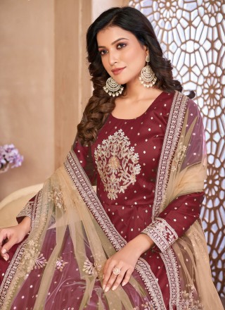Maroon Embroidered Tafeta Silk Salwar Kameez