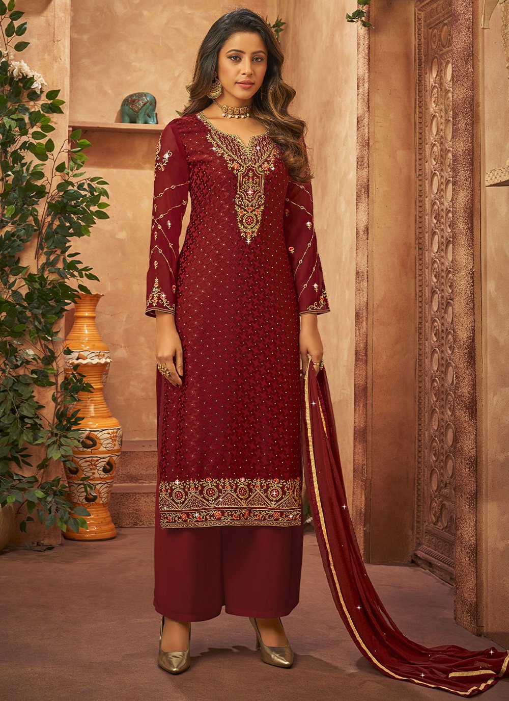 Maroon Embroidered Trendy Salwar Suit