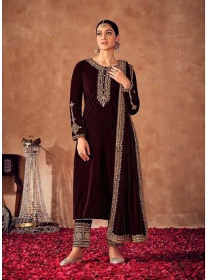 Maroon Embroidered Velvet Pant Style Suit