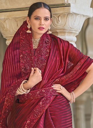 Maroon Fancy Fabric Embroidered Work Trendy Saree for Ceremonial