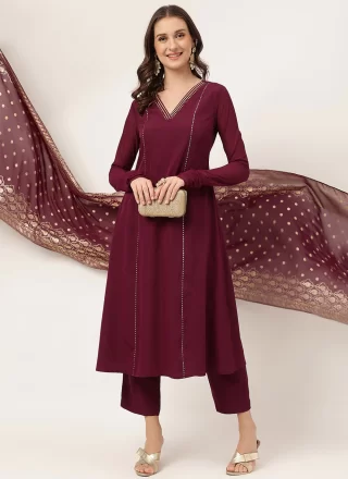 Maroon Faux Crepe Plain Work Salwar Suit for Women