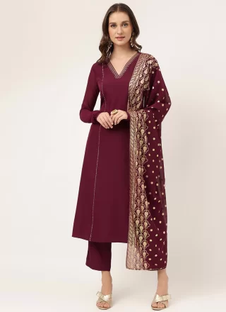 Maroon Faux Crepe Plain Work Salwar Suit for Women