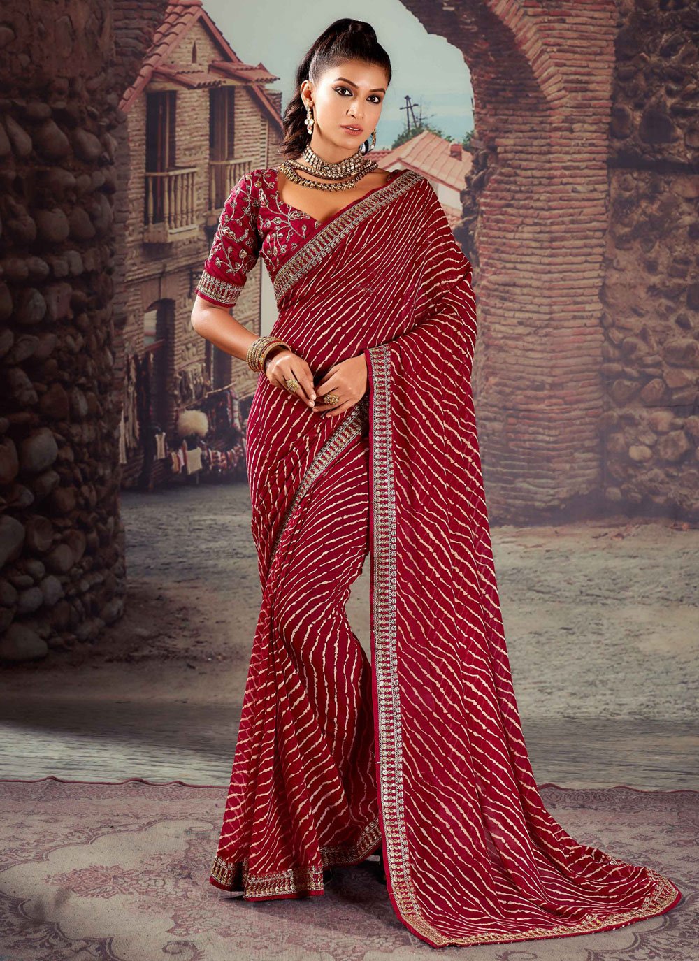 Maroon Georgette Classic Saree with Patch Border and Embroidered Work