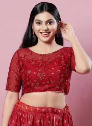 Maroon Net Blouse with Embroidered and Sequins Work for Women