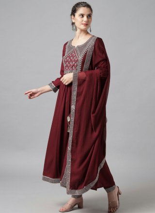 Maroon Rayon Embroidered Work Trendy Suit for Engagement