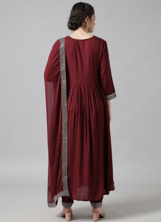 Maroon Rayon Embroidered Work Trendy Suit for Engagement