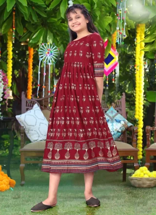 Maroon Rayon Gown Kids Wear with Print Work for Ceremonial