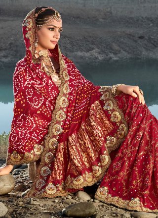 Maroon Satin Bandhej, Cut Dana, Embroidered, Mirror and Moti Work Contemporary Sari for Party