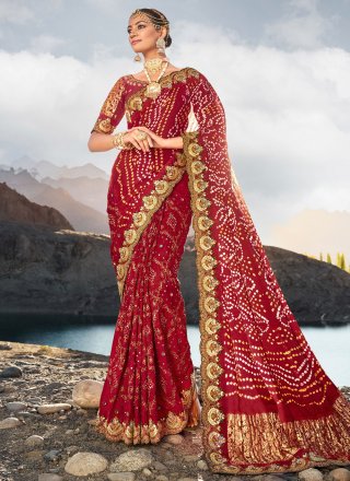 Maroon Satin Bandhej, Cut Dana, Embroidered, Mirror and Moti Work Contemporary Sari for Party