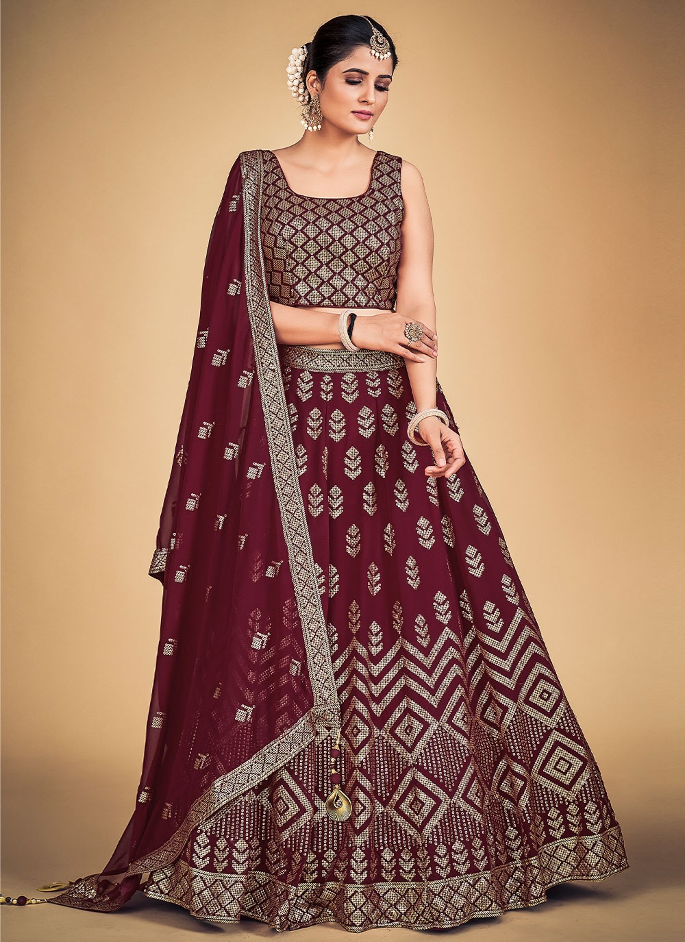 Embroidery Work Taffeta Silk Traditional Wear Lehenga Choli In Maroon  -4426154461 | Heenastyle