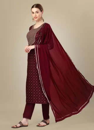 Maroon Silk Blend Salwar Suit with Embroidered and Sequins Work
