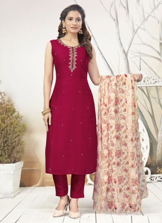 Maroon Silk Salwar Suit with Embroidered Work for Ceremonial