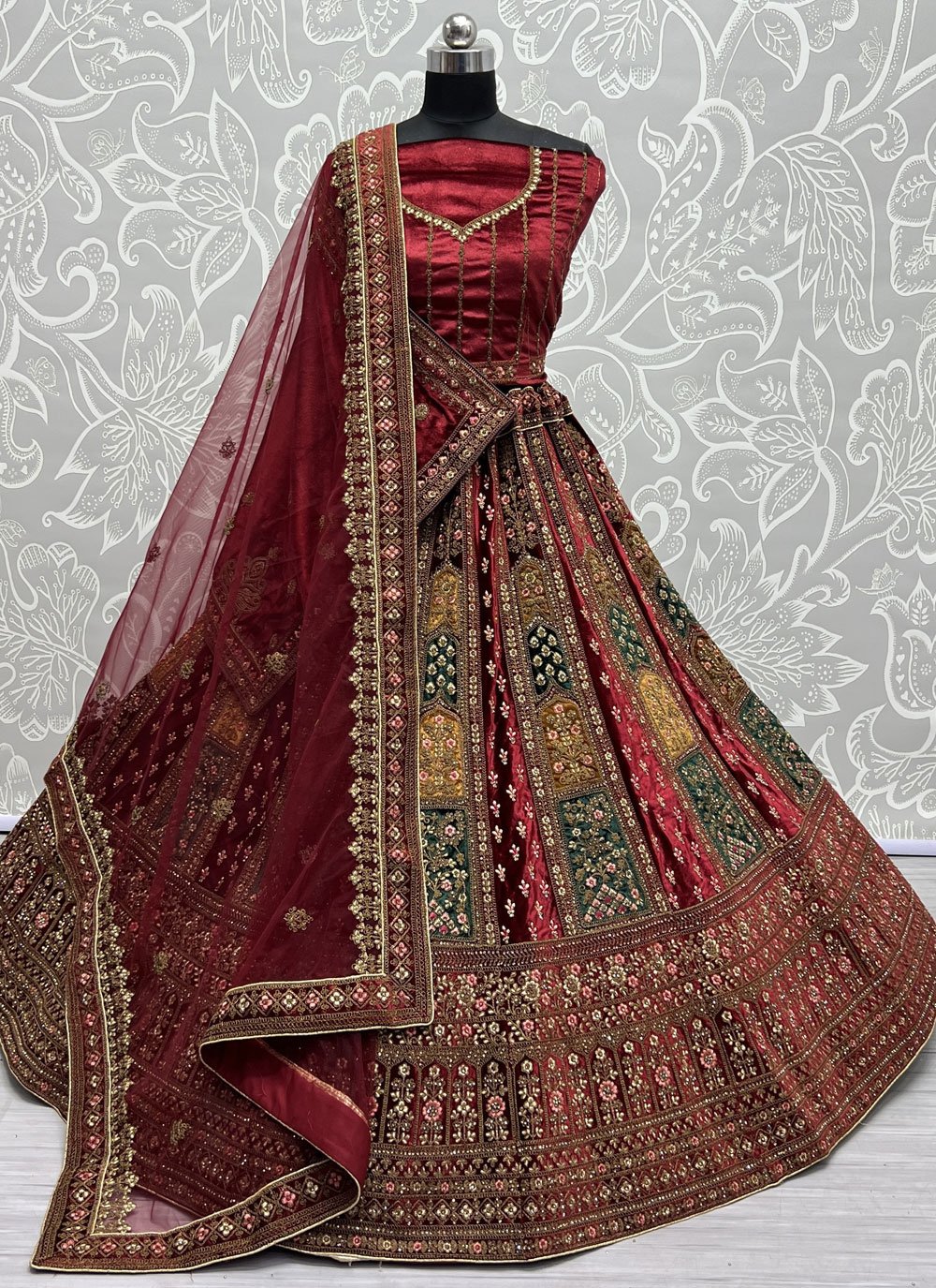 Dark maroon velvet lehenga best sale