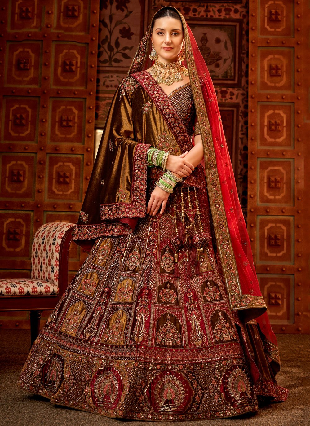 Buy Golden and maroon bridal lehenga Online @ ₹3299 from ShopClues