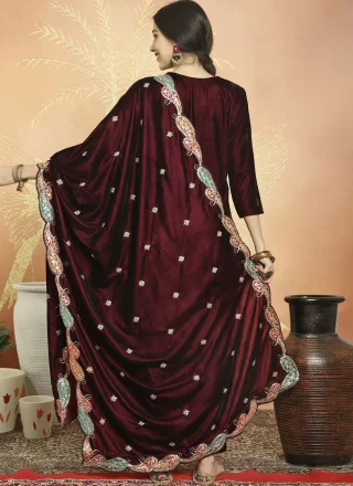Maroon Velvet Embroidered and Resham Work Pant Style Suit
