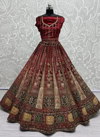 Maroon Velvet Embroidered, Patch Border, Sequins, Thread and Zari Work Lehenga Choli for Bridal
