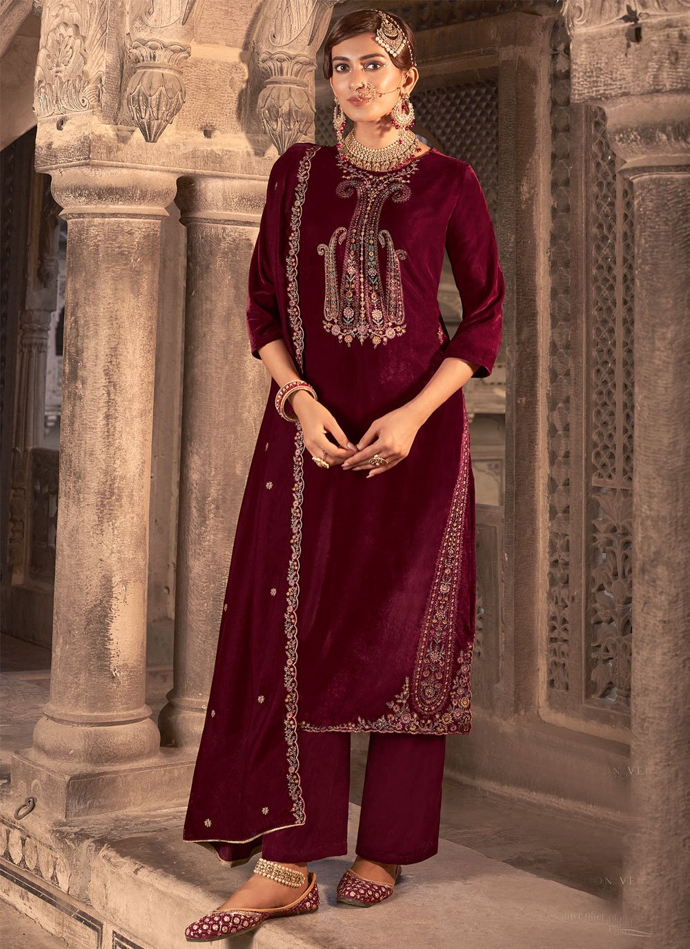 Wine Palazzo Suit In Velvet With Embroidery Work – ReplicaVilla