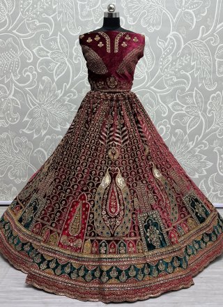 Maroon Velvet Lehenga Choli with Dori, Embroidered, Patch Border, Sequins, Thread and Zari Work for Bridal