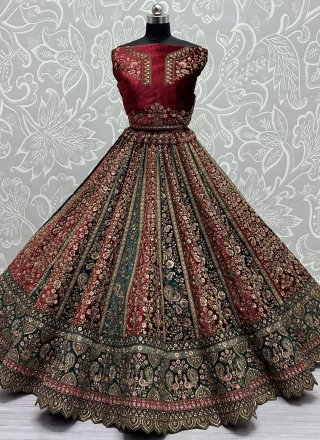 Maroon Velvet Lehenga Choli with Dori, Embroidered, Sequins and Thread Work for Bridal
