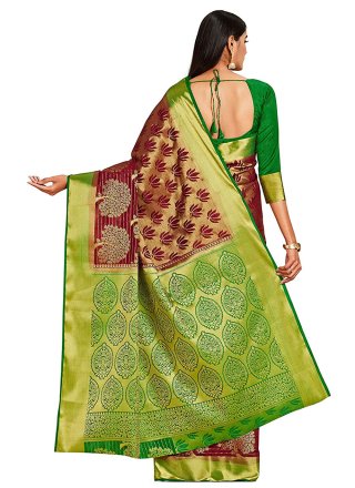 Maroon Zari Kanjivaram Silk Contemporary Style Saree