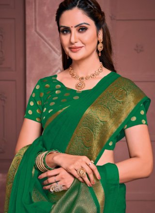 Marvelous Green Organza Classic Saree with Woven Work