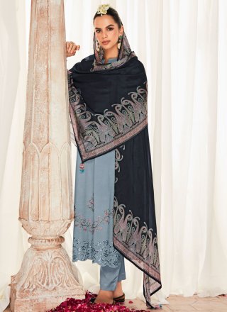 Masterly Grey Silk Straight Salwar Suit with Embroidered Work