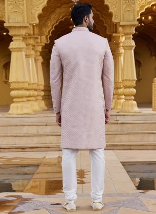 Mauve Art Silk Sherwani with Machine Embroidery and Thread Work