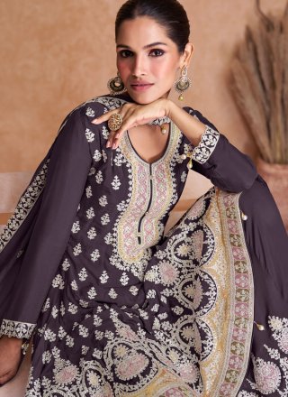Mauve Chinon Readymade Salwar Suit with Embroidered and Resham Work
