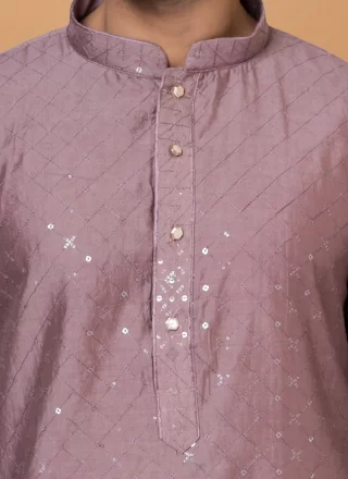 Mauve Cotton Kurta Pyjama with Embroidered and Sequins Work for Men