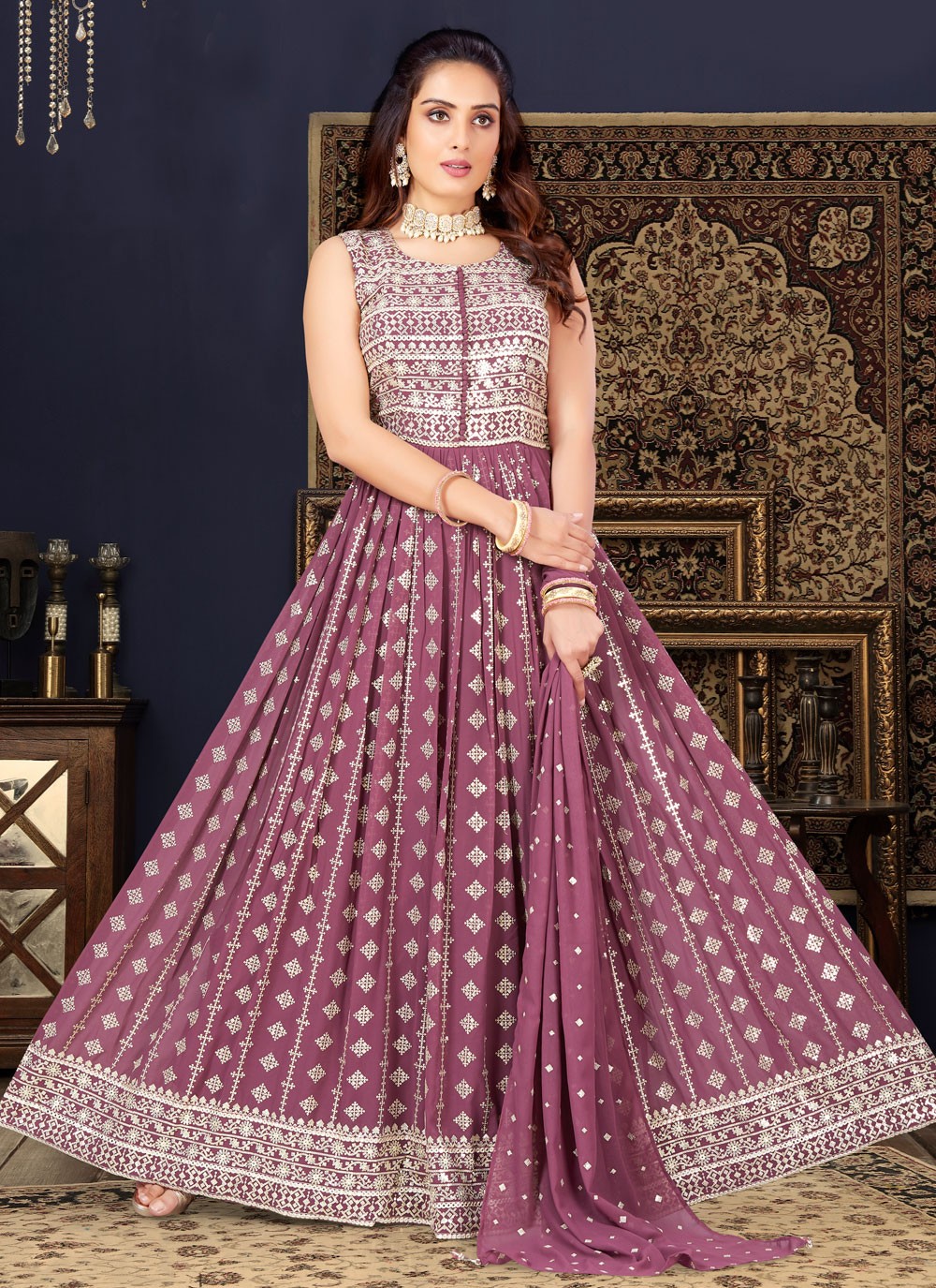 Mauve  Cotton Silk Sequins Floor Length Anarkali Salwar Suit