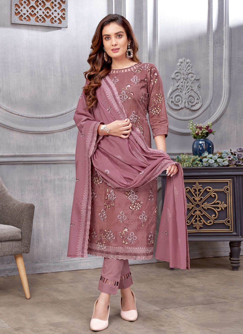 Mauve  Embroidered Pant Style Suit