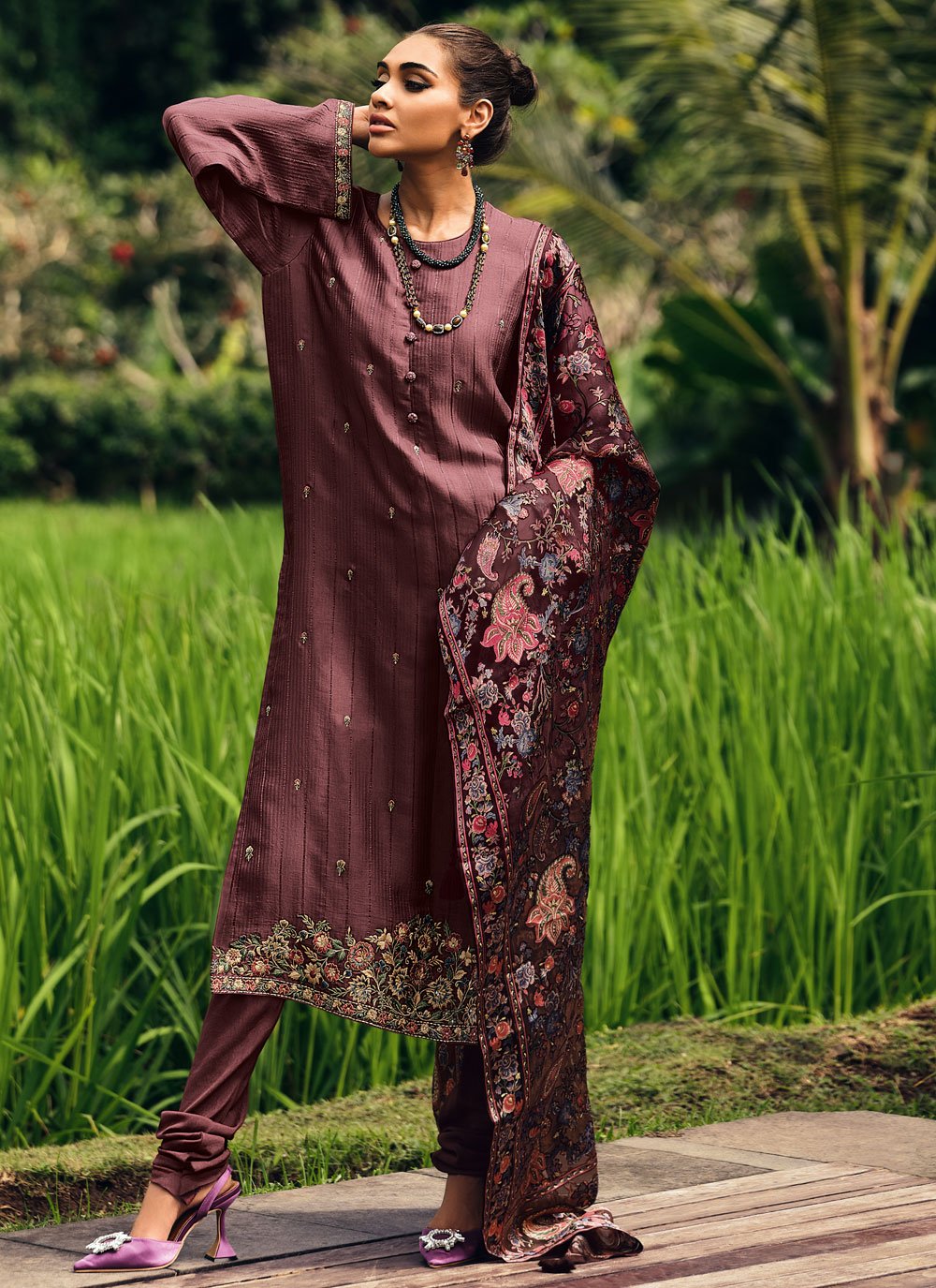 Mauve Muslin Embroidered Work Salwar Suit