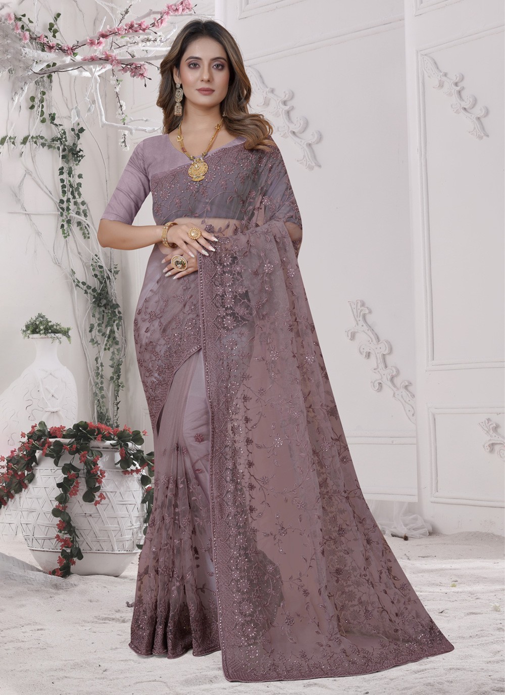 Pretty Dusty Mauve Sequins Saree in net | Sarees By shobitam | Sequins saree,  Net saree, Saree