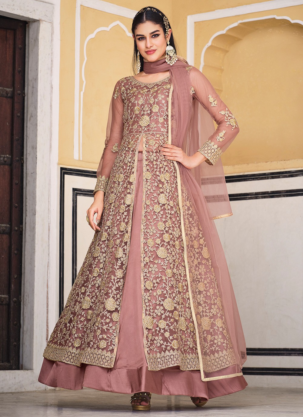Embroidered Georgette Jacket Style Lehenga in Light Beige : LCC130