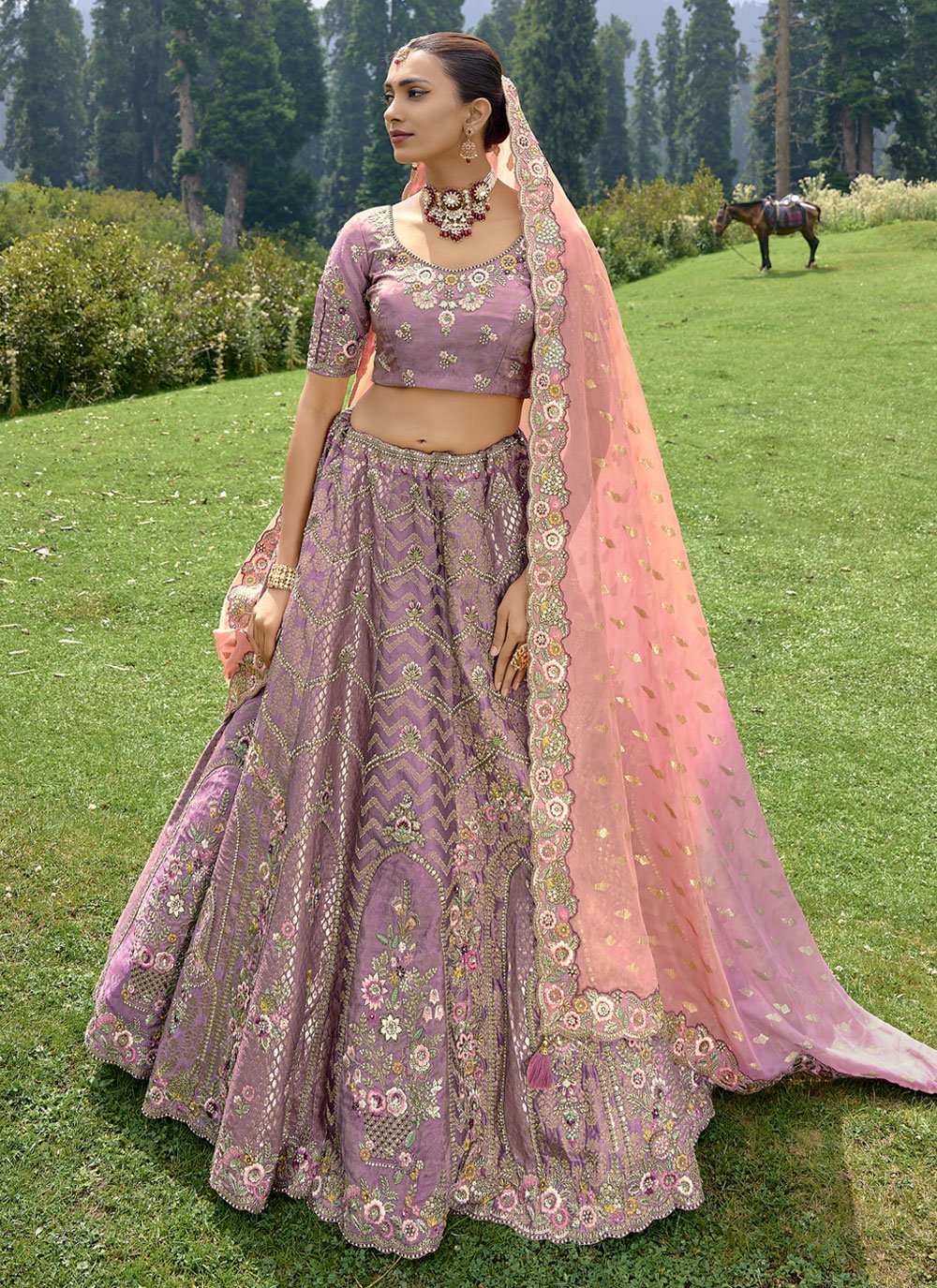 The sequence embroidery lehenga on net all over and dupatta with side
