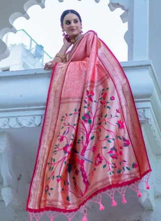 Meenakari and Woven Work Kanjivaram Silk Contemporary Sari In Peach