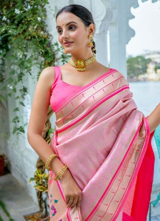 Meenakari and Woven Work Kanjivaram Silk Trendy Saree In Pink