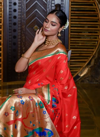 Meenakari Red Silk Contemporary Style Saree