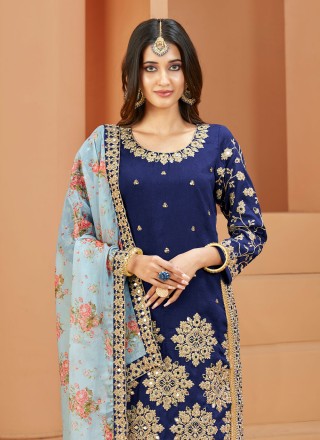 Mirror Art Silk Navy Blue Straight Salwar Suit