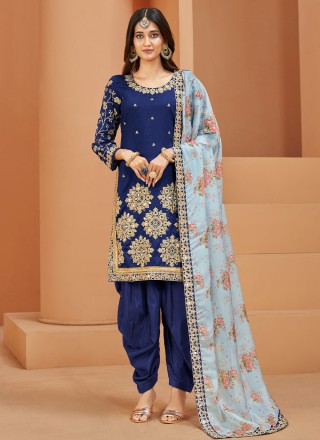 Mirror Art Silk Navy Blue Straight Salwar Suit