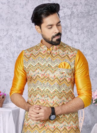 Multi Colour and Mustard Embroidered Reception Kurta Payjama With Jacket