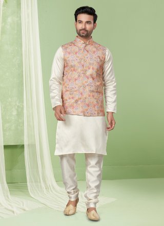 Multi Colour and Off White Cotton Digital Print, Sequins and Thread Work Kurta Payjama with Jacket