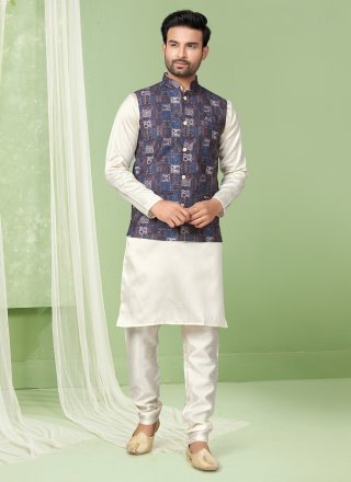 Multi Colour and Off White Cotton Digital Print, Sequins and Thread Work Kurta Payjama with Jacket for Ceremonial