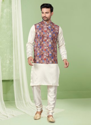 Multi Colour and Off White Cotton Kurta Payjama with Jacket with Digital Print, Sequins and Thread Work for Ceremonial