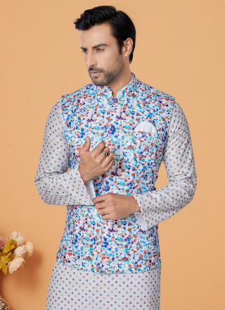 Multi Colour and Off White Polyester Embroidered Kurta Payjama With Jacket
