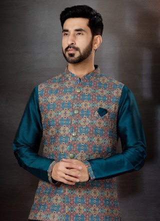 Multi Colour and Teal Embroidered Mehndi Kurta Payjama With Jacket