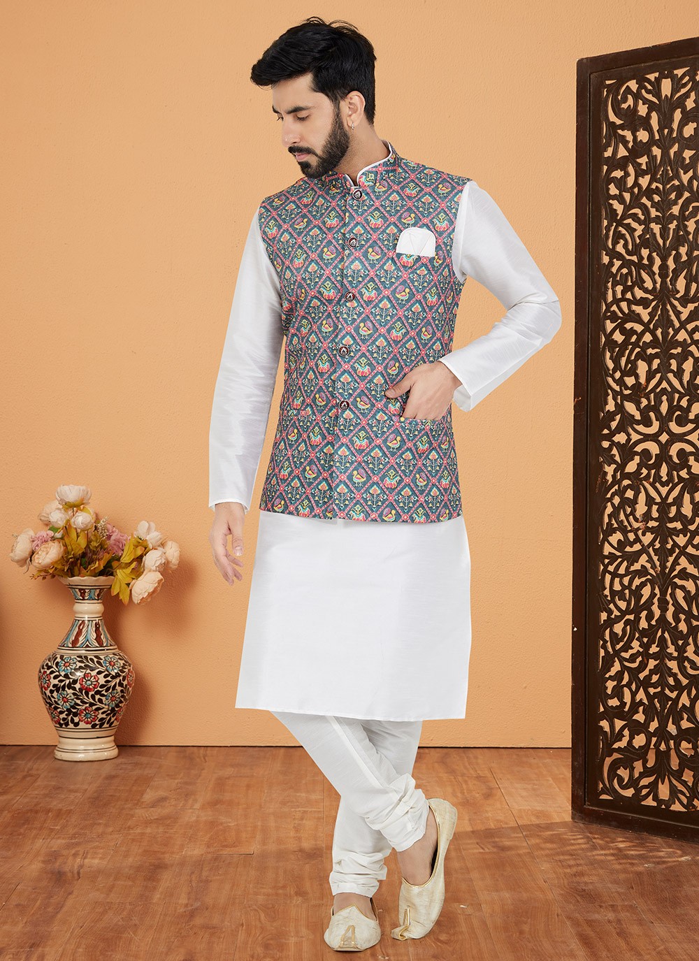 White kurta pajama with basket sale