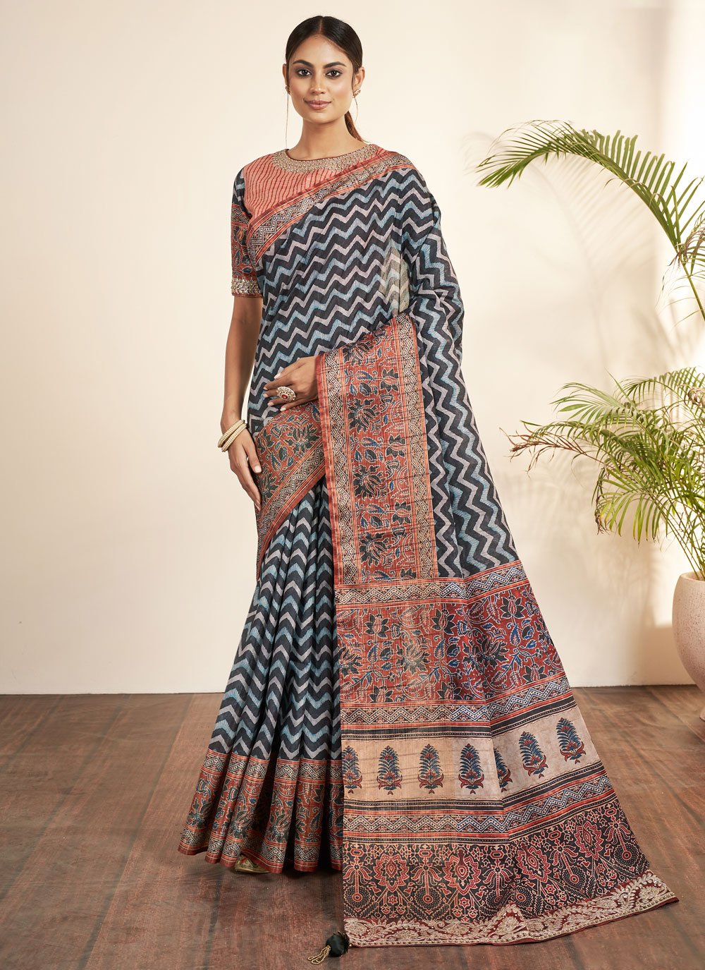 Multi Colour Bhagalpuri Silk Print Work Trendy Saree for Ceremonial
