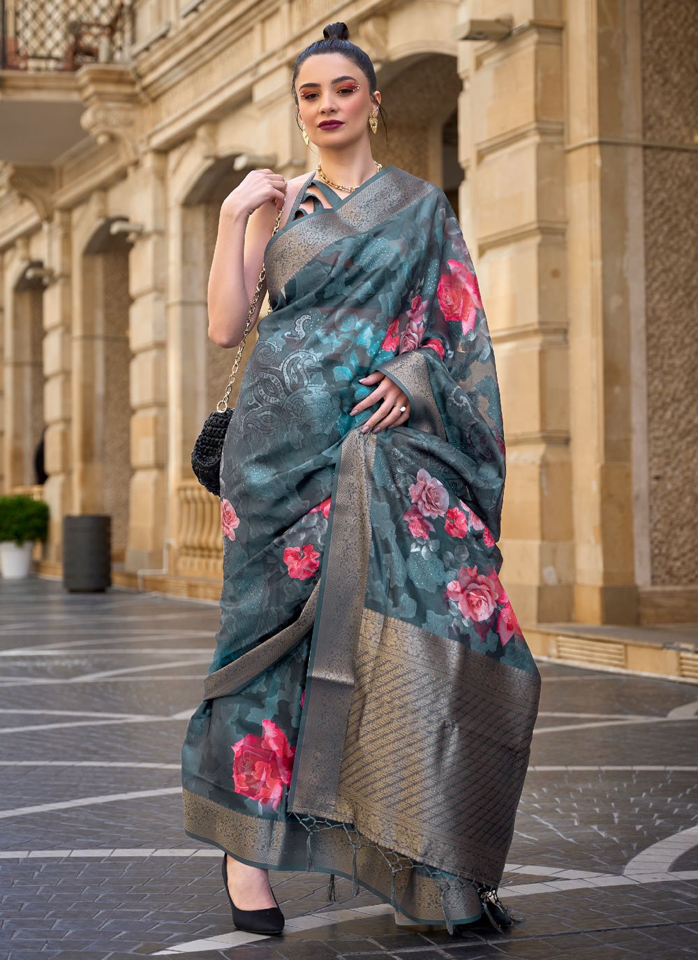 Multi Colour Brasso Contemporary Sari with Print and Weaving Work